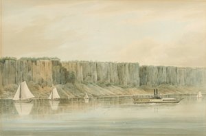 Vista das Palisades, Nova Jersey: Estudo Preparatório para a Placa 19 do Rio Hudson PortFolio, 1820 (Aquarela, grafite e arranhões com toques de guache sobre papel, colocados no cartão.)